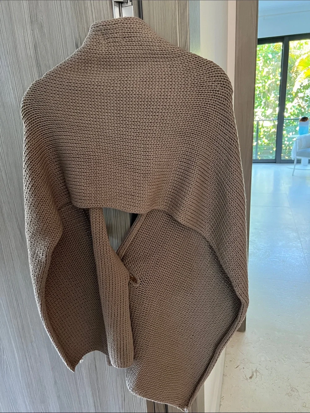 PURE HANDKNIT OS scarf taupe w/ coconut shell buttons 100% cotton